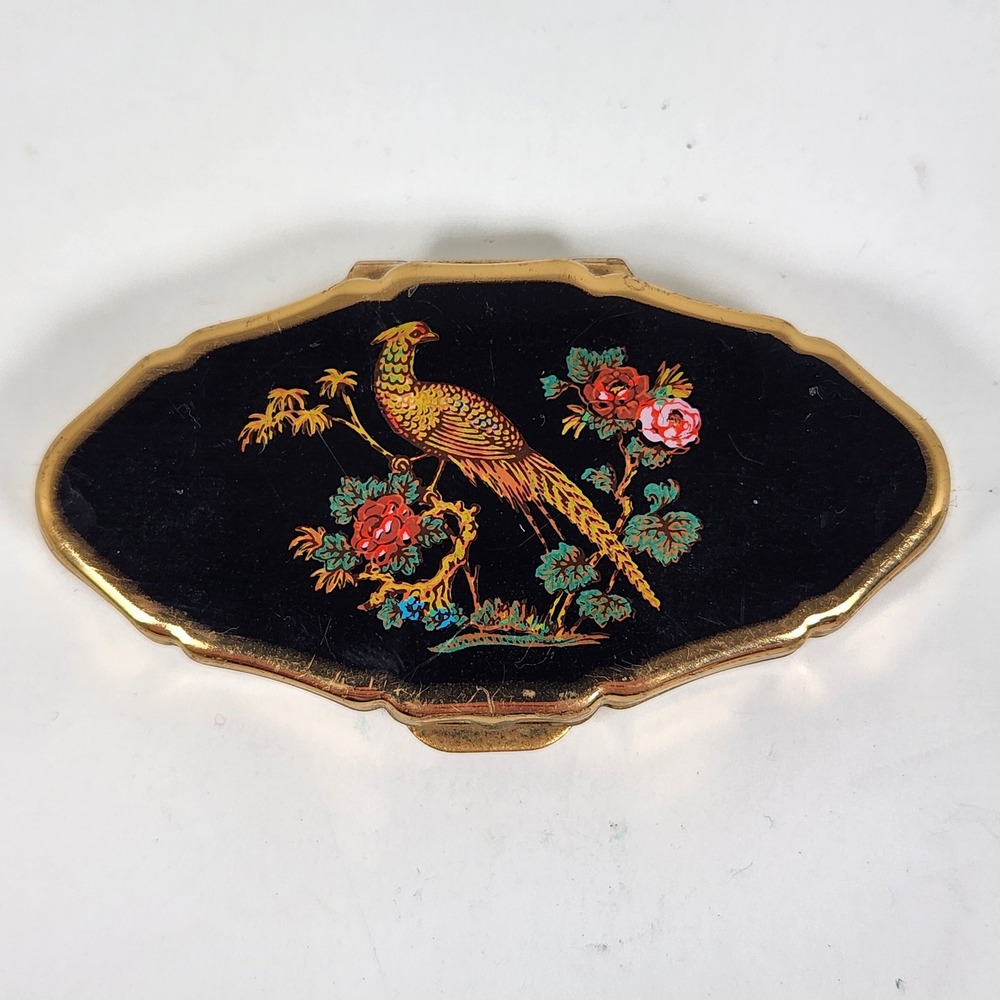 Vintage Stratton Pill Box Gold Tone Pheasant Bird Floral Enamel Made in England